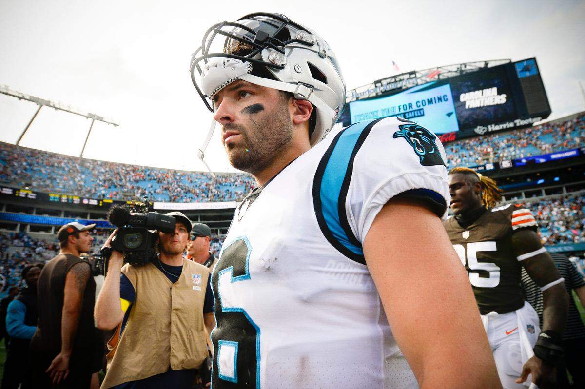 Carolina Panthers quarterback Baker Mayfield (6) appears dejected as he leaves the field following a loss to the Cleveland Browns at Bank of America Stadium in Charlotte, N.C., Sunday, Sept. 11, 2022. Cleveland won, 26-24.