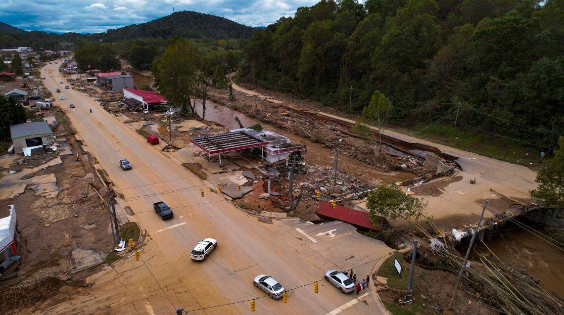An aerial view of flood damage in Swannanoa on Sunday, Sept. 29, 2024. The remnants of Hurricane Helene caused widespread flooding, downed trees, and power outages in western North Carolina.
