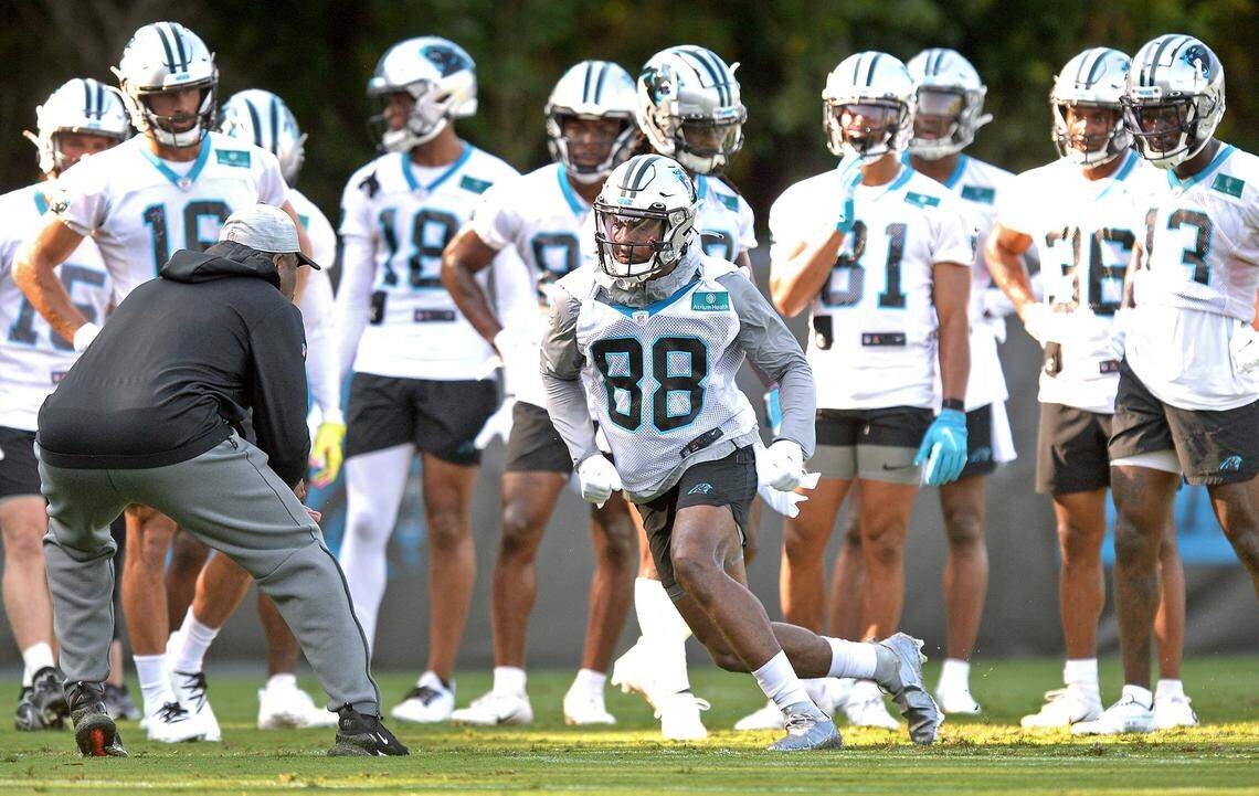 Carolina Panthers wide receiver Terrace Marshall Jr. makes a cut as he runs downfield during practice at Wofford College in Spartanburg, SC., on Wednesday, July 28, 2021. The team apologized to fans on Friday, July 30, 2021, after personal information from some of their accounts may have been exposed to other fans.