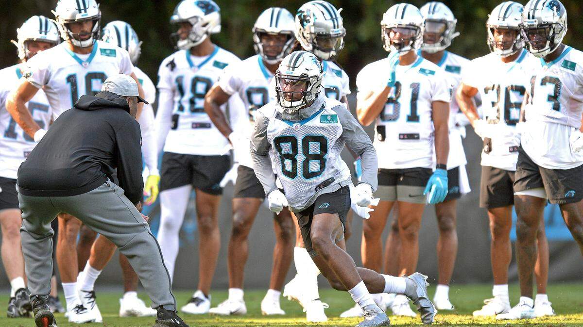 Carolina Panthers wide receiver Terrace Marshall Jr. makes a cut as he runs downfield during practice at Wofford College in Spartanburg, S.C., on July 28. The Panthers started joint practices with the Colts in Indianapolis on Thursday.