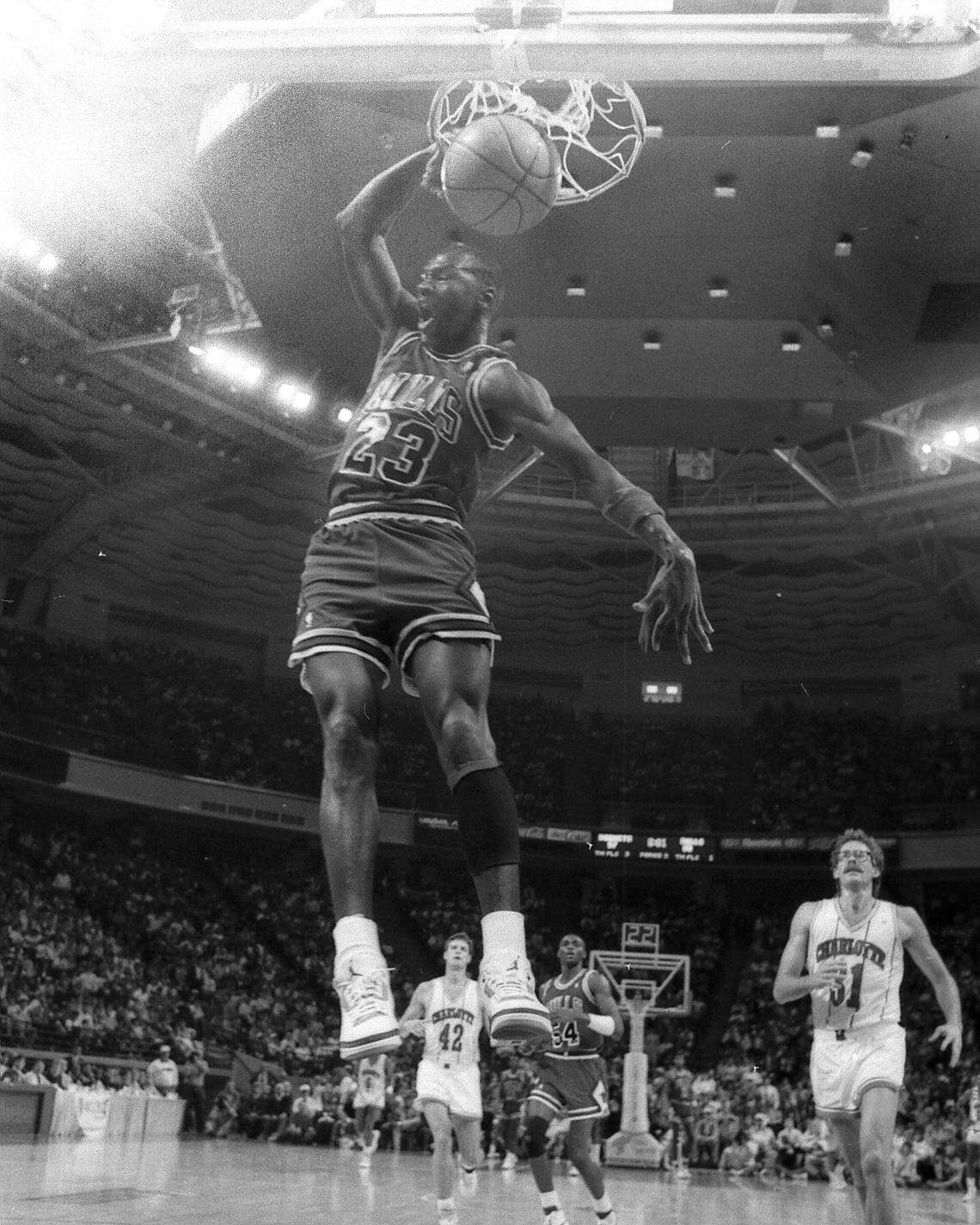 Michael Jordan, now the owner of the Charlotte Hornets, scored 33 points against them in December 23, 1988 game in Charlotte. The Hornets beat the Bulls 103-101 behind Kelly Tripucka’s 30 points.