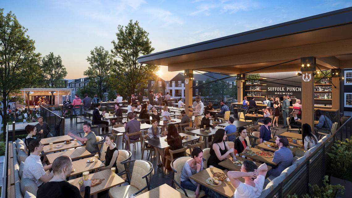 A rendering of the Suffolk Punch Brewing patio at Birkdale Village. “Coming Soon” signs ring the two-level building after construction delays and a year of getting permit approvals from the town of Huntersville.