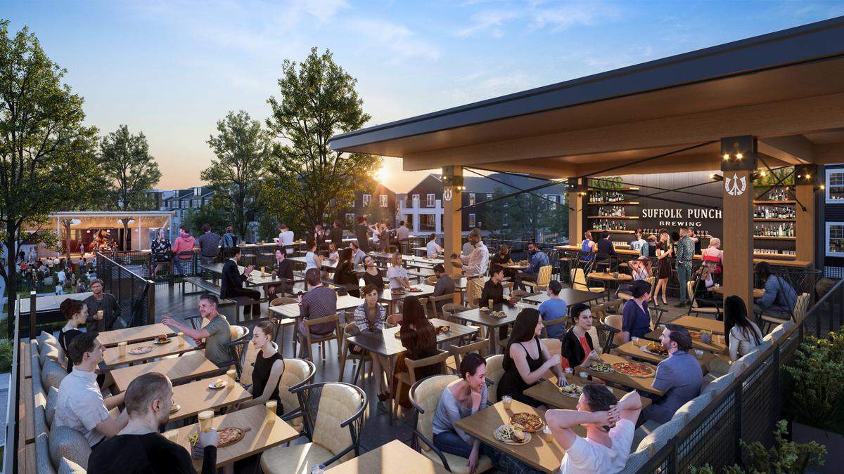 A rendering of the Suffolk Punch Brewing patio at Birkdale Village.