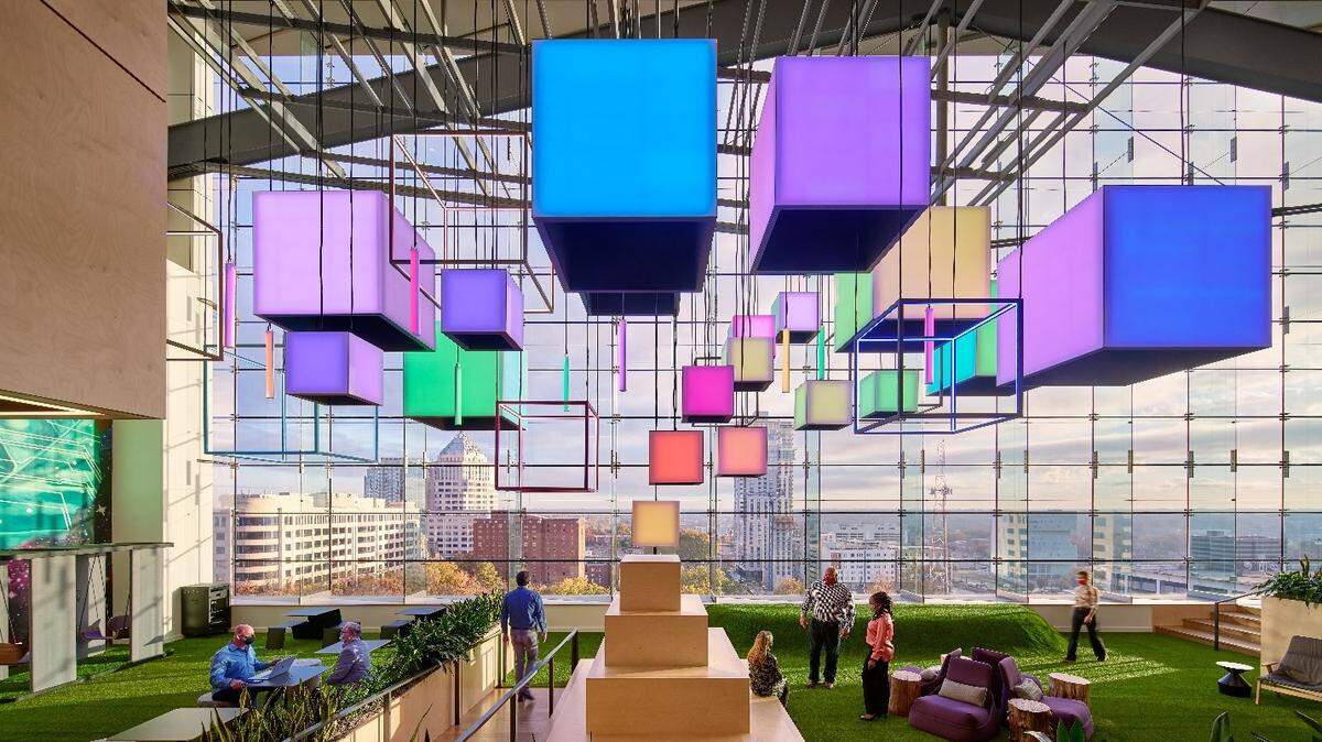 Truist unveiled its new Innovation and Technology Center at the bank’s uptown headquarters on Tuesday. The bank features a common area called “the park,” complete with greenery and turf.
