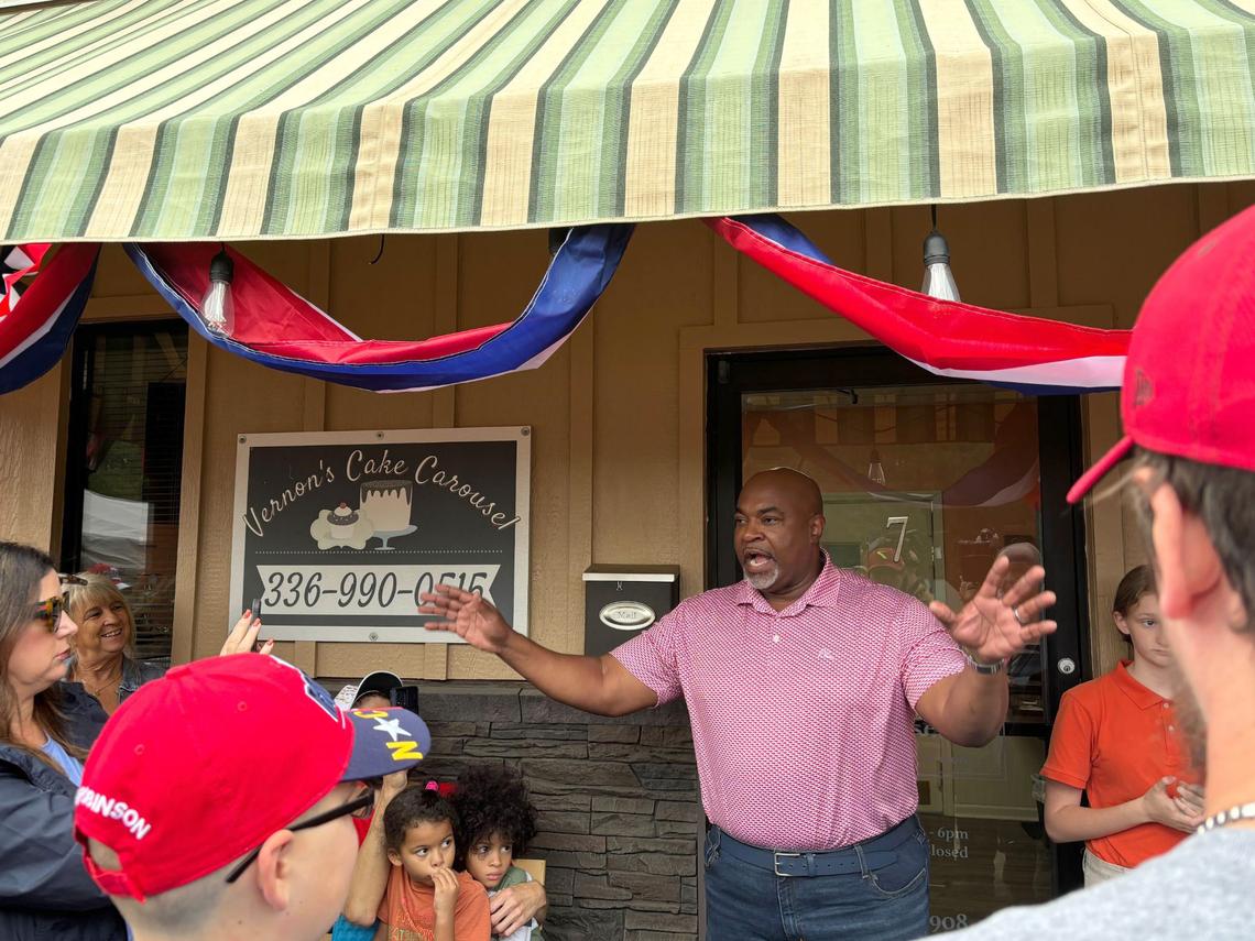 Mark Robinson, the Republican nominee for governor, spoke outside Vernon’s Cake Carousel in Wilkesboro after several members of his campaign staff quit.