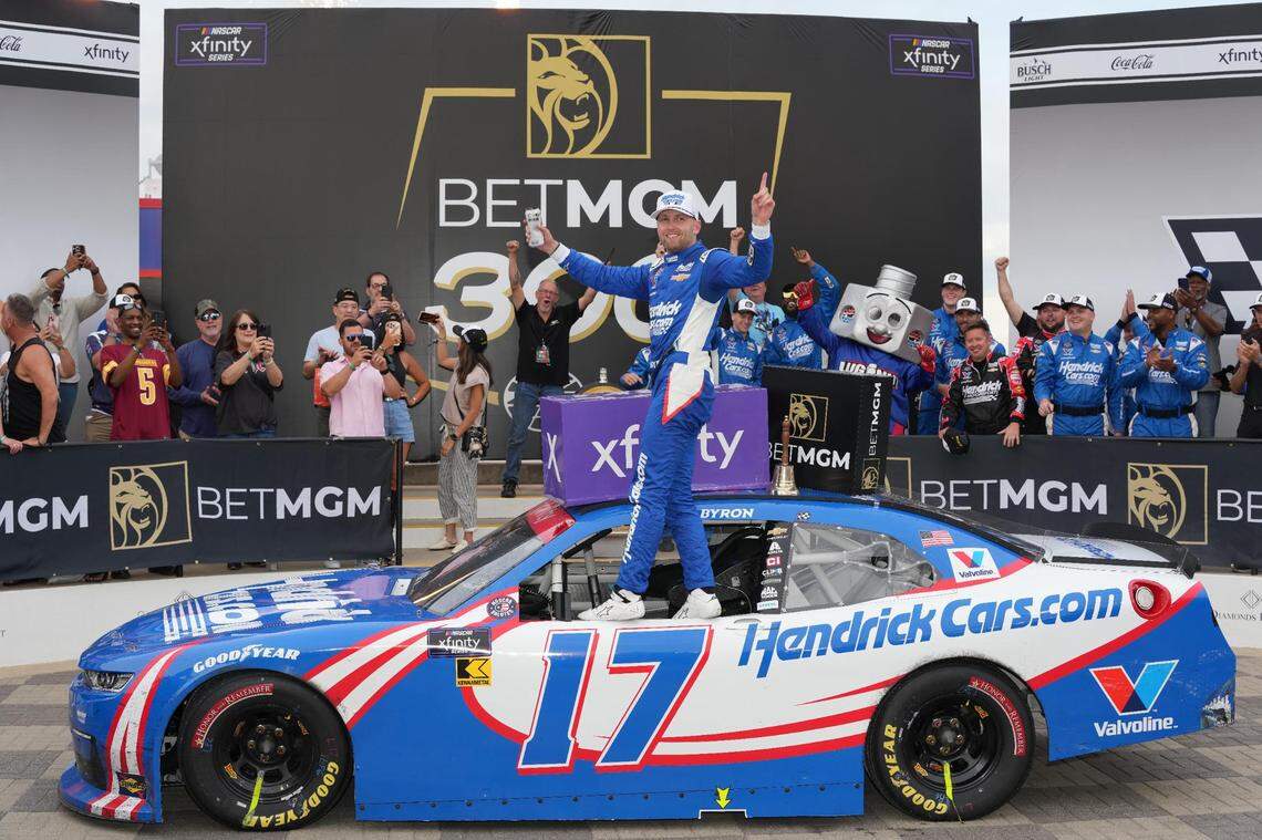 May 24, 2025; Concord, North Carolina, USA; William Byron (17) takes the win during the Bet MGM 300 at Charlotte Motor Speedway.