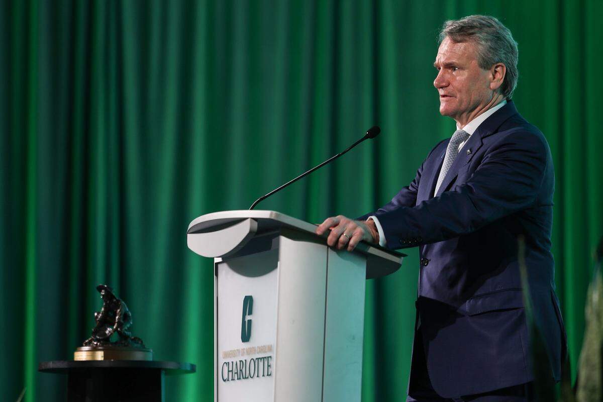 Brian Moynihan, Chair and CEO of Bank of America delivers remarks after being honored with the Distinguished Service Award at UNC Charlotte on Monday, March 30, 2026.