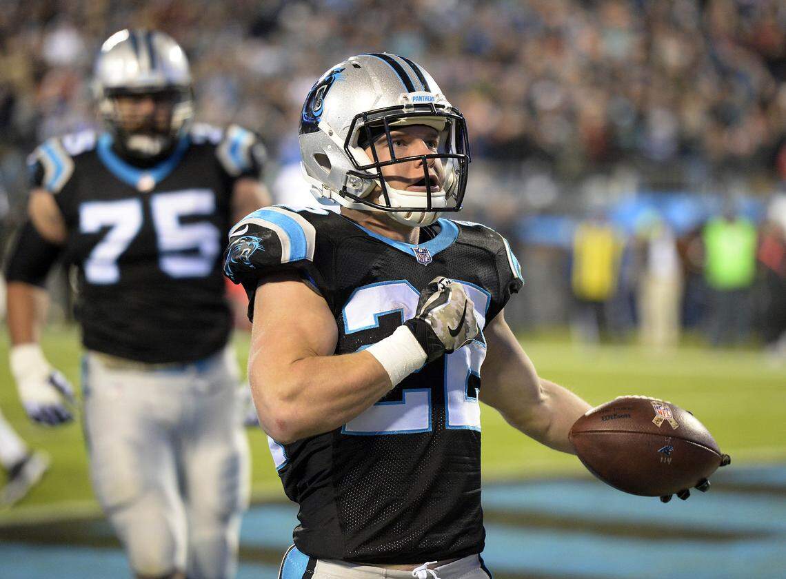 Carolina Panthers running back Christian McCaffrey celebrates one of his two touchdowns against the Miami Dolphins on Nov. 13, 2017. The game occurred in McCaffrey’s rookie year; Carolina won 45-21 on its way to the playoffs.