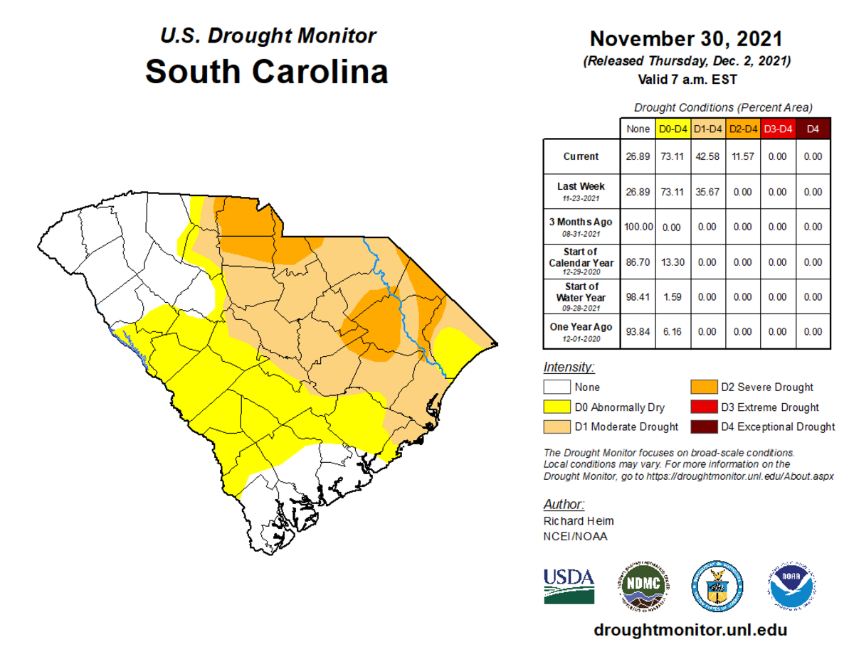 Drought conditions for South Carolina as of Thursday, Dec. 2, 2021.