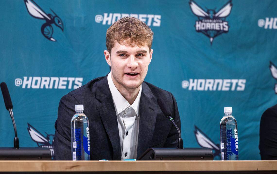 Liam McNeeley speaks during a press conference introducing the Hornets’ new players Friday afternoon. 