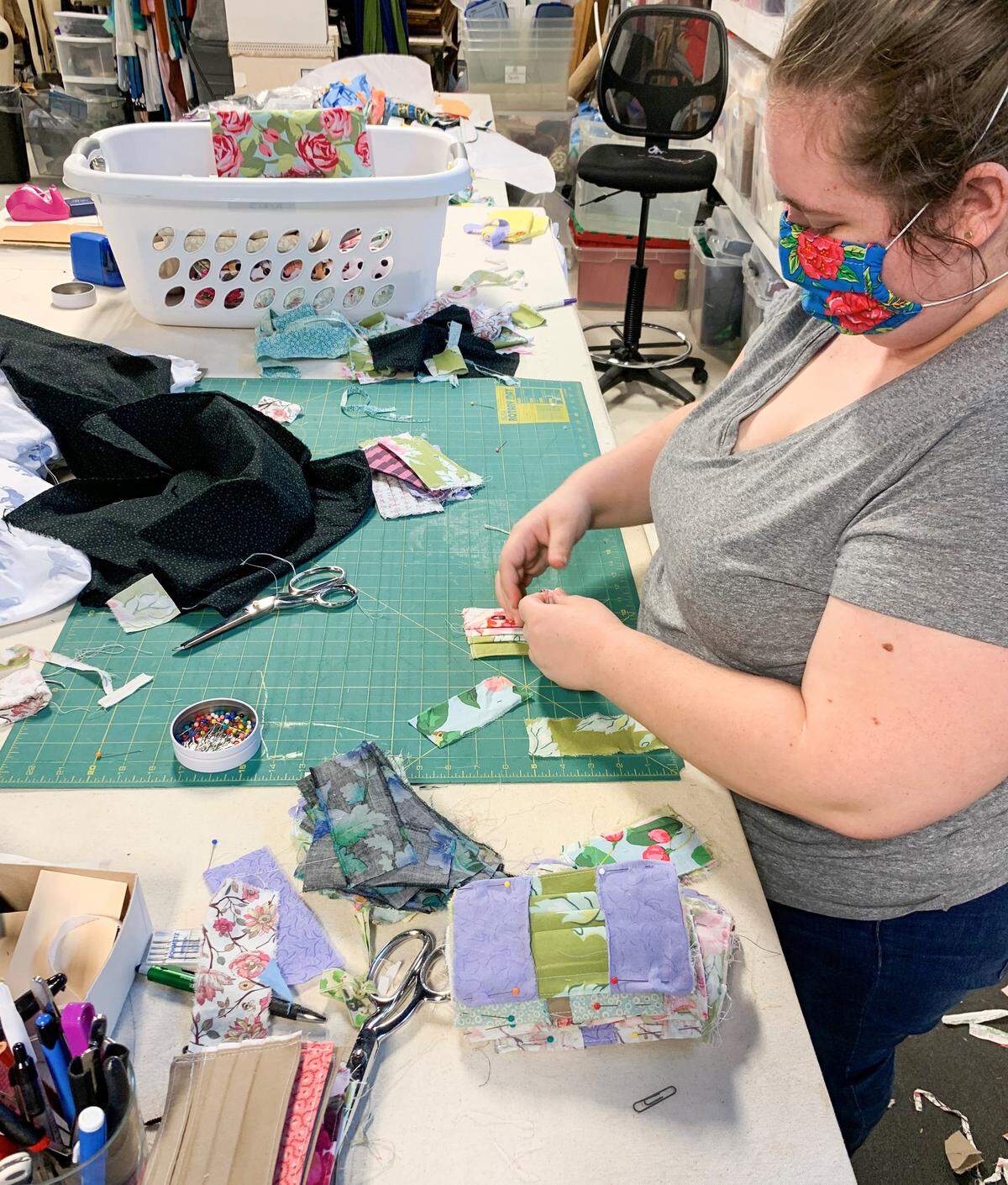 April Woerner makes masks in the Charlotte Ballet costume shop. So far, Charlotte Ballet has made about 2,500 masks.