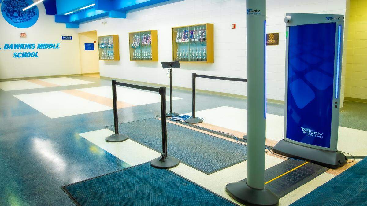 Body scanner is seen at R.P. Dawkins Middle School in Spartanburg, S.C. CMS officials consulted the Spartanburg district before implementing their own scanners.