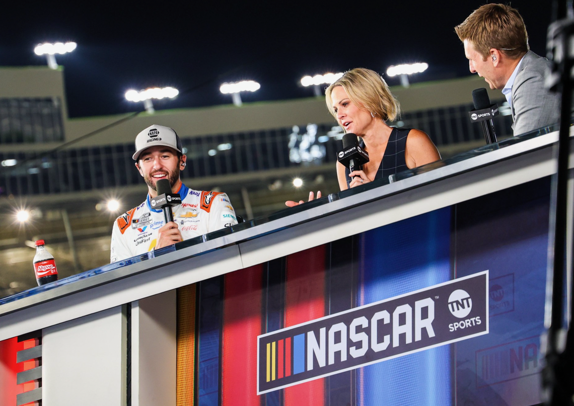 Shannon Spake works the broadcast boost for TNT Sports during a NASCAR event last summer.