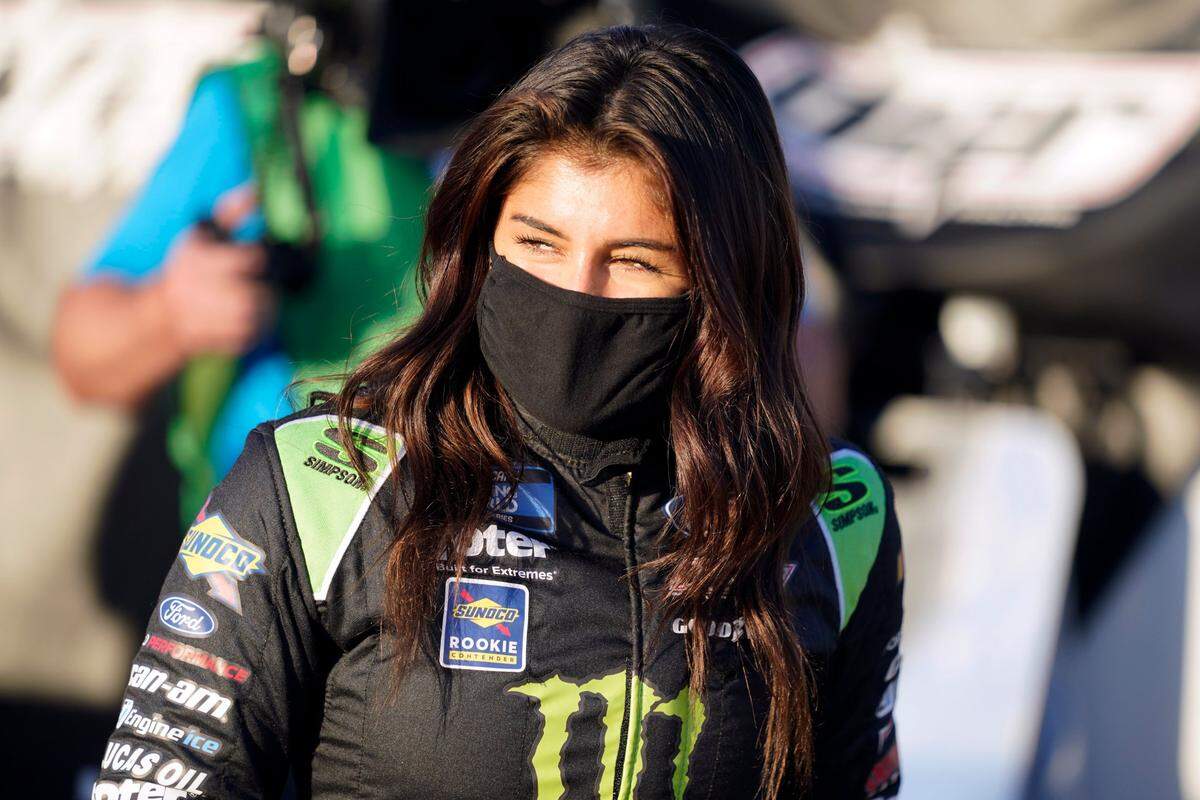 Hailie Deegan gets ready to go out on the speedway for NASCAR Trucks auto race practice at Daytona International Speedway, Thursday, Feb. 11, 2021, in Daytona Beach, Fla. (AP Photo/John Raoux)