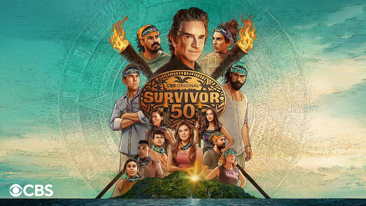 A graphic promoting “Survivor 50” including Jeff Probst and two torches. 