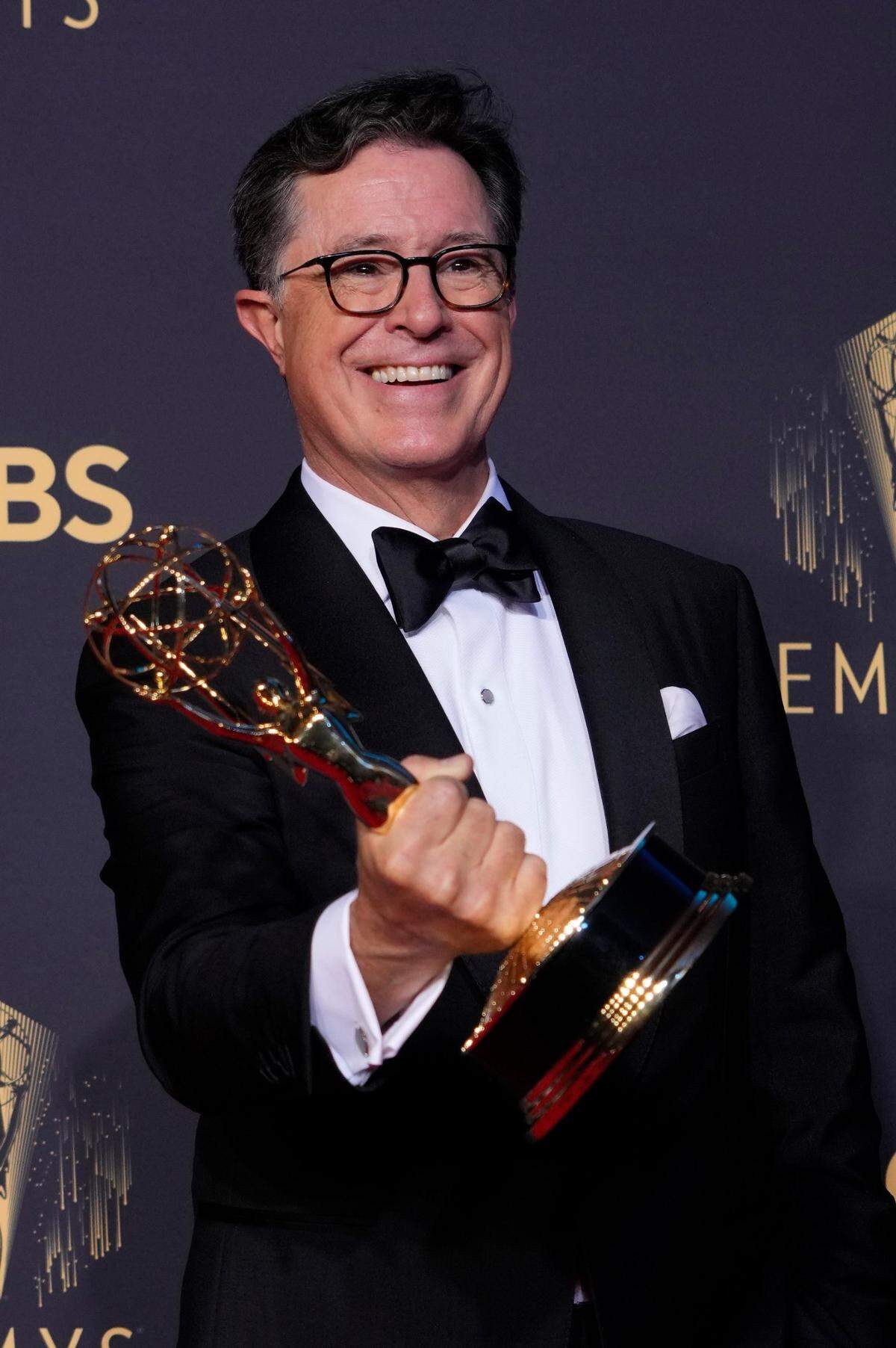 Sep 19, 2021; Los Angeles, CA, USA; Stephen Colbert, winner of Outstanding Variety Special (Live) for 'Stephen Colbert's Election Night 2020', in the press room at the 73rd Emmy Awards at L.A. Live.. Mandatory Credit: Robert Hanashiro-USA TODAY
