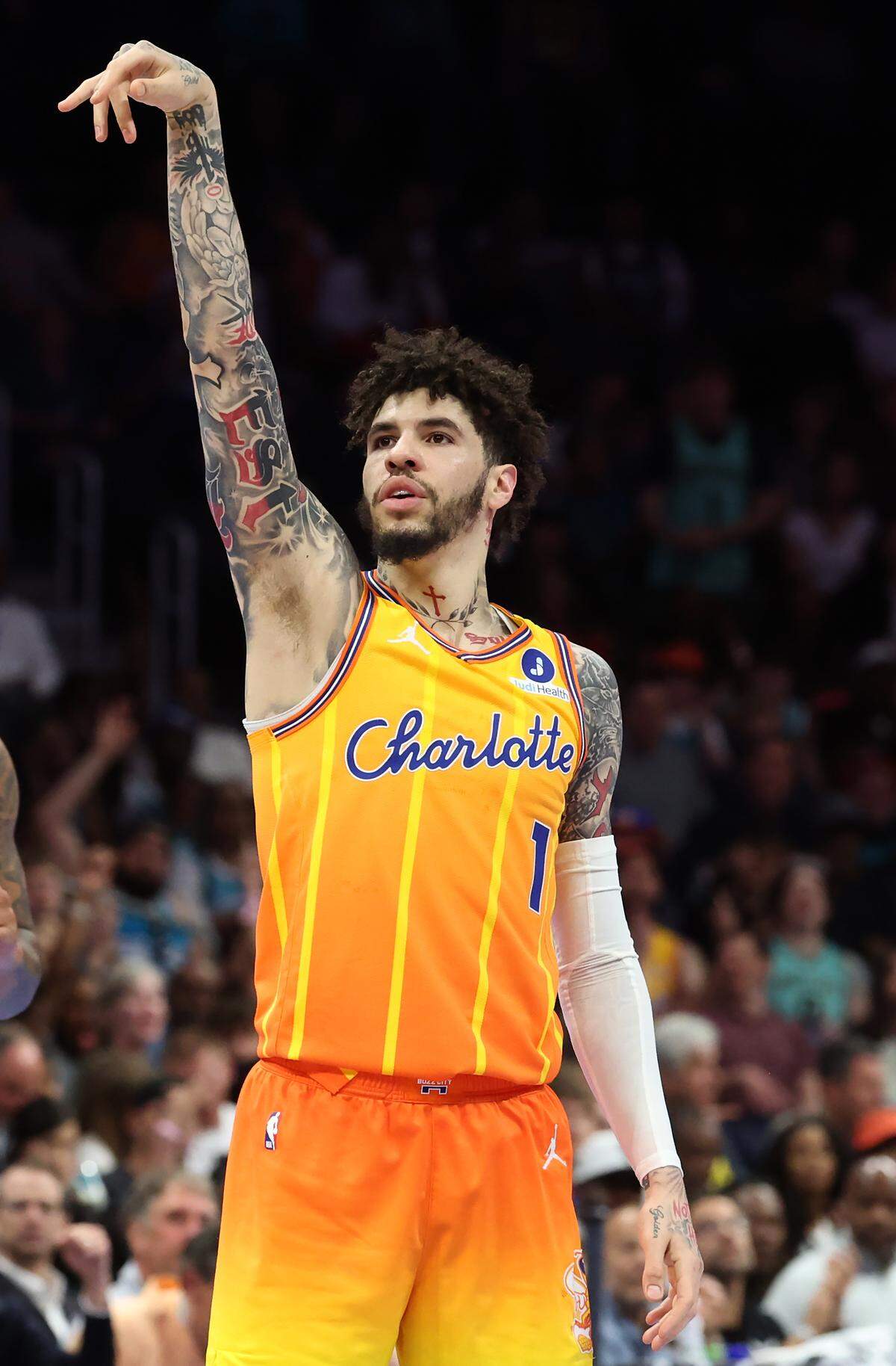 Charlotte Hornets guard LaMelo Ball maintains his three-point release during action against the Detroit Pistons on Friday, April 10, 2026 at Spectrum Center. 