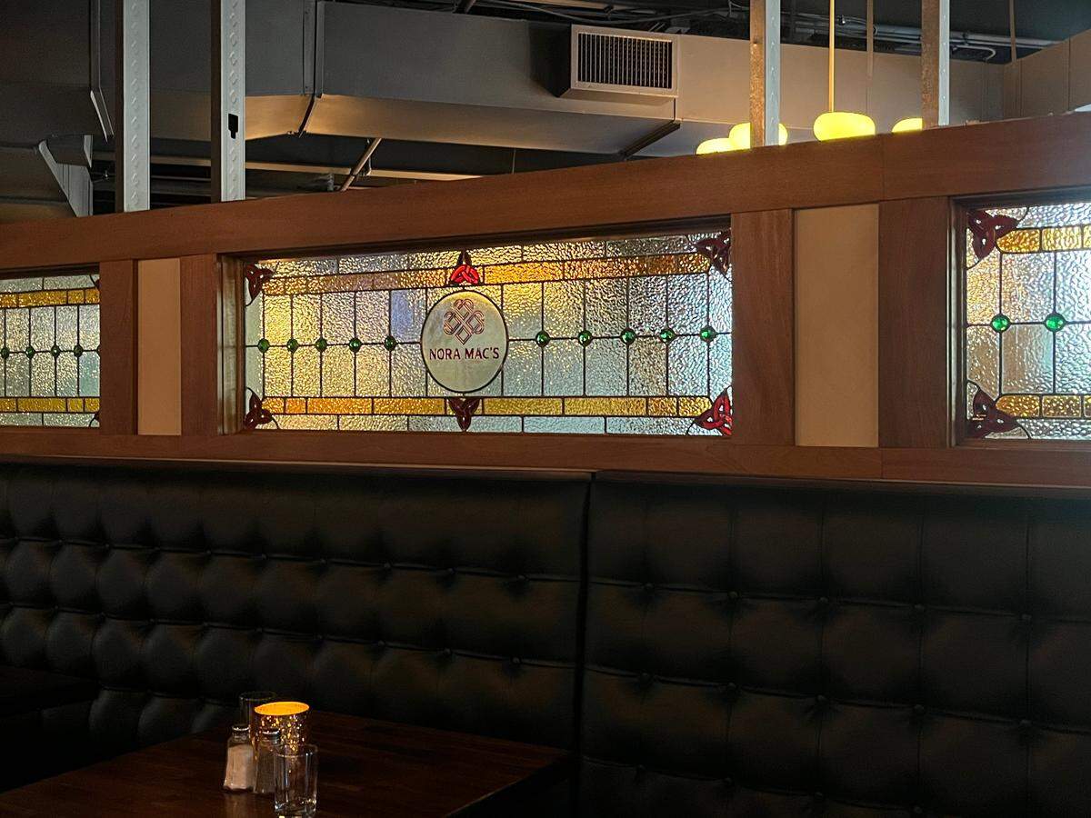 Nora Mac’s features a custom made stained glass panel, akin to what you’d find in Ireland.
