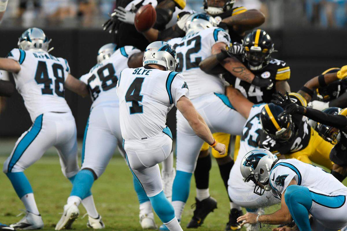 Carolina Panthers kicker Joey Slye (4) makes a 59-yard field goal against the Pittsburgh Steelers Thursday. He made seven of eight attempts this preseason.