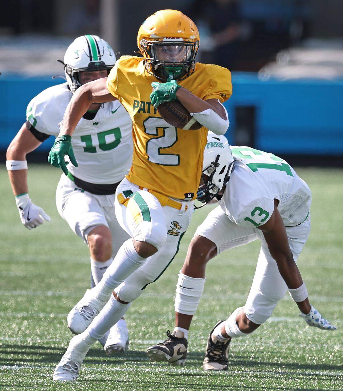Independence Patriots running back Jayden Jones breaks away from the Myers Park defense during action on Thursday, Aug. 22, 2024 at Bank of America Stadium in Charlotte, North Carolina as part of the Keep Pounding High School Classic.