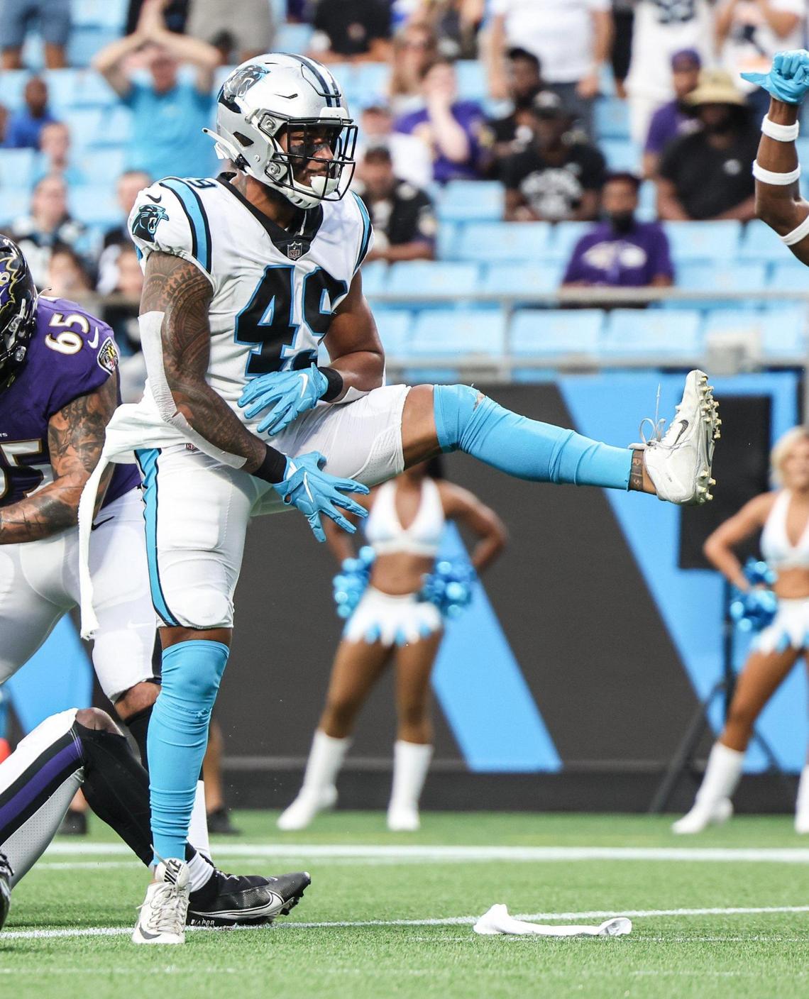 Carolina Panthers Frankie Luvu celebrates at the Bank of America Stadium in Charlotte, N.C., on Saturday, August 21, 2021.