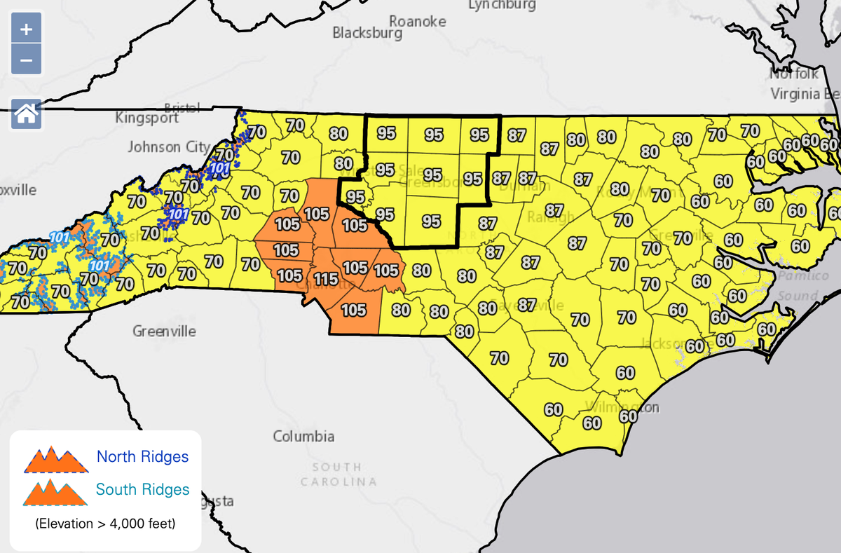 High pressure and temperatures will support ozone formation near the ground surrounding Charlotte, NC, prompting Code Orange air quality alerts Wednesday, July 26, 2023.