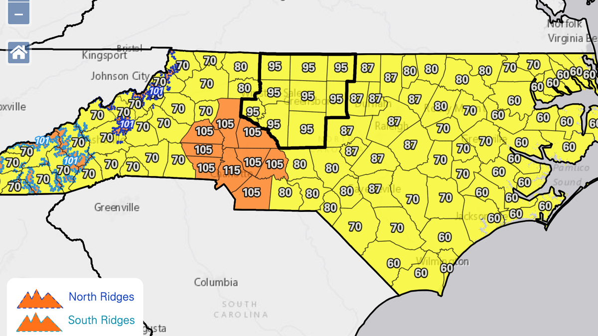 High pressure and temperatures will support ozone formation near the ground surrounding Charlotte, NC, prompting Code Orange air quality alerts Wednesday, July 26, 2023.