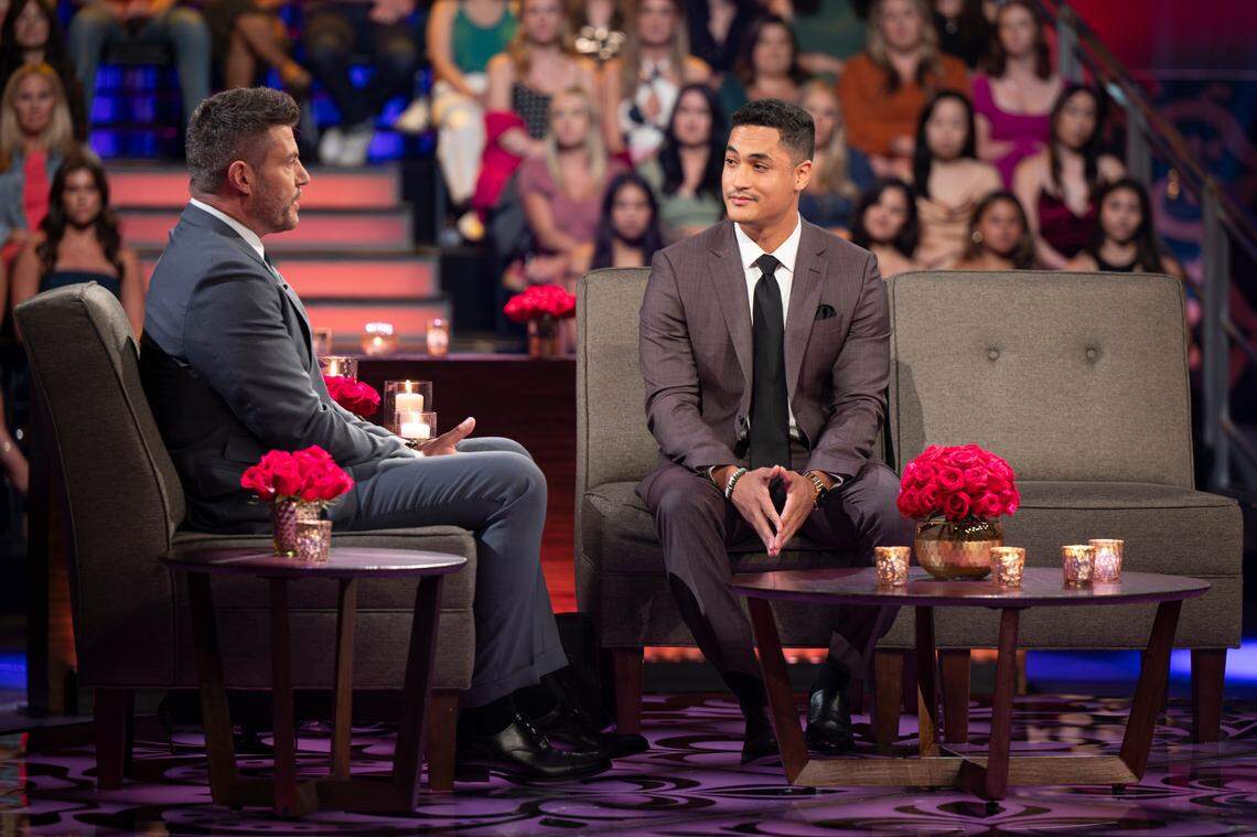 Jesse Palmer and Marcus Shoberg during “The Bachelorette” finale on ABC.