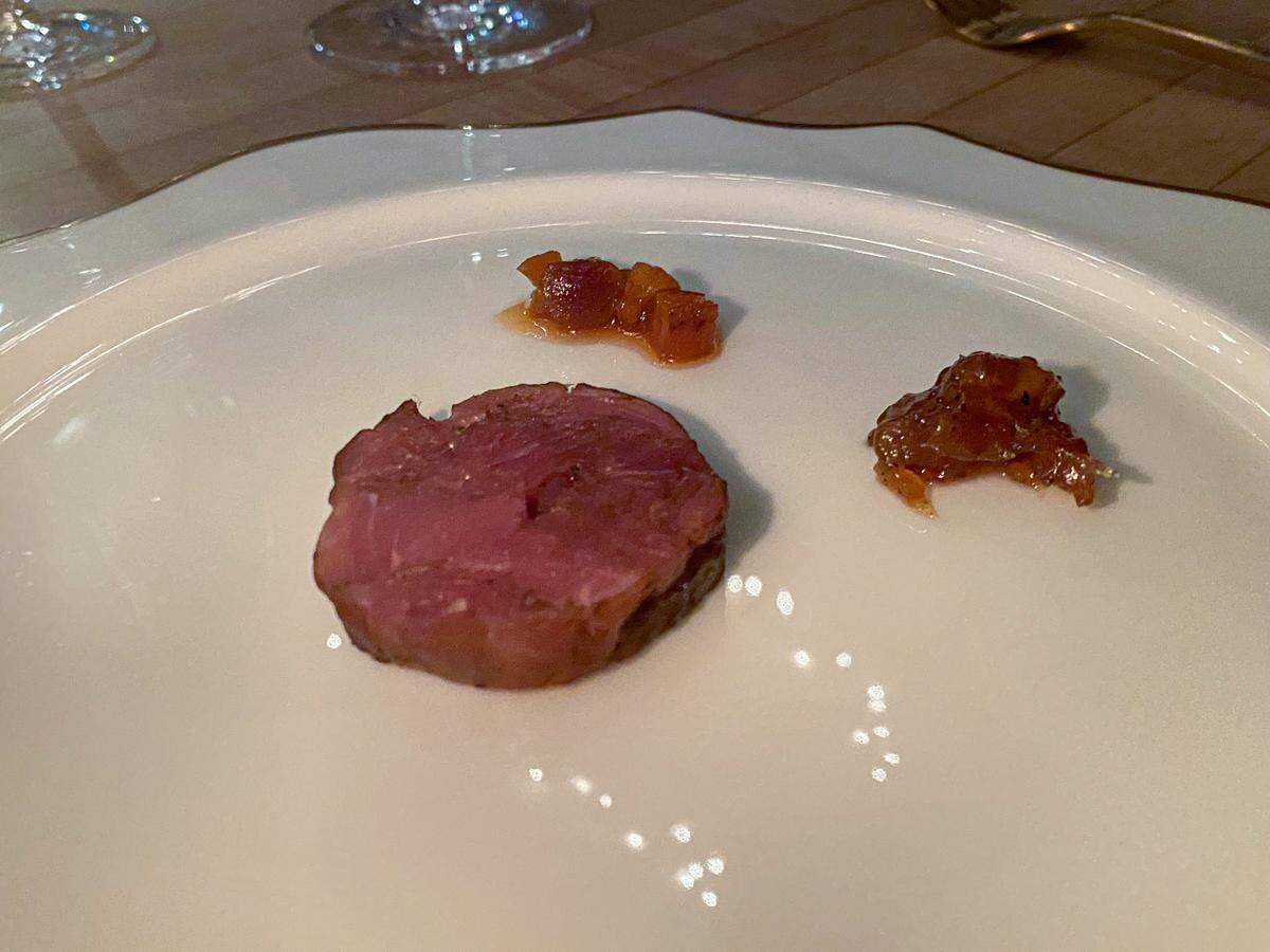 Za’atar Spiced Goat, Spiced Pickled Apricots, Shallot Date Jam, Tajiks Consommé at a recent Anomaly pop-up dinner.