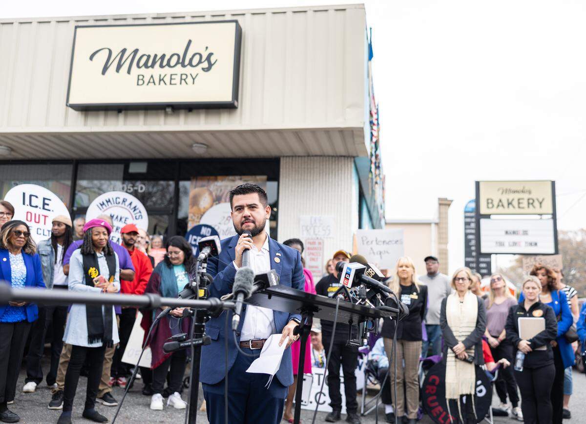 Charlotte council member-elect Juan Diego Mazuera Arias, speaks during a press conference at Manolo’s Bakery in Charlotte on Friday, November 21, 2025.