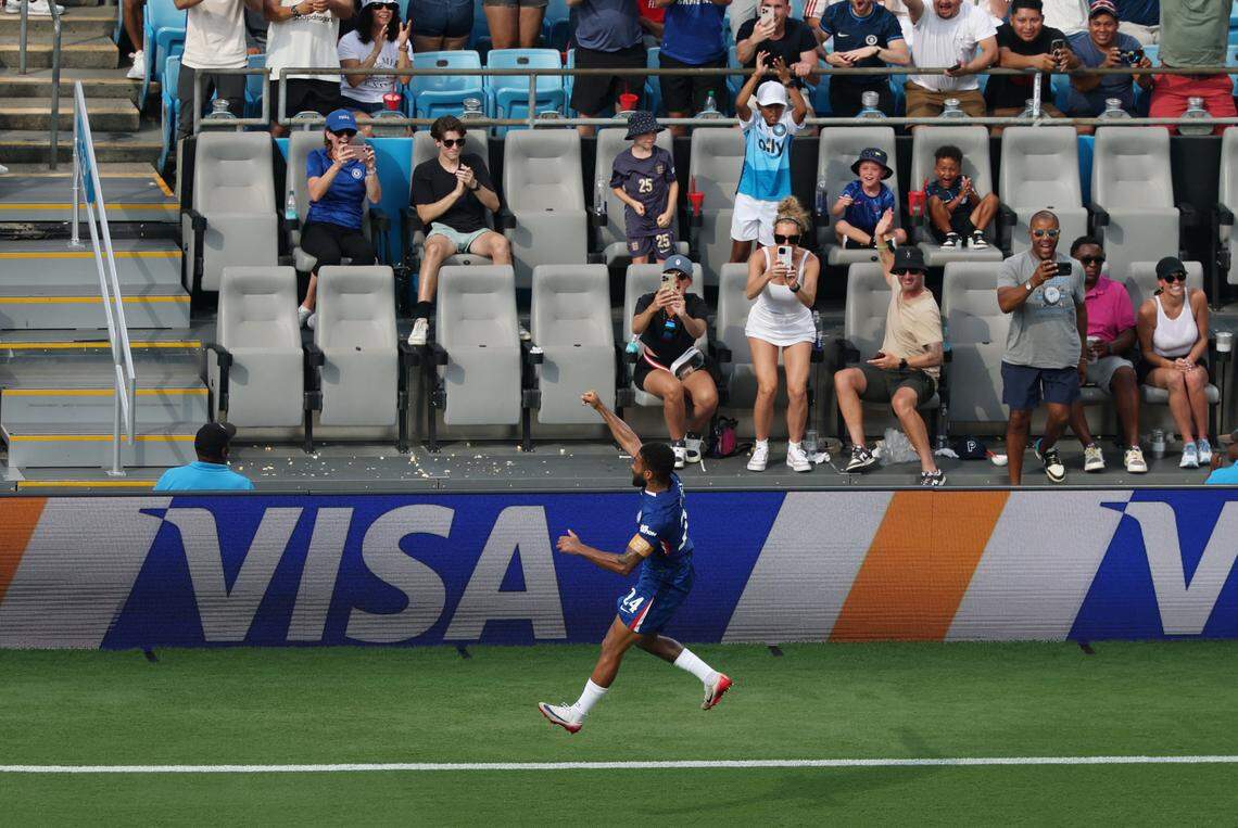 Chelsea FC defender Reece James (24) celebrates during a round of 16 match of the 2025 FIFA Club World Cup on Saturday at Bank of America Stadium.