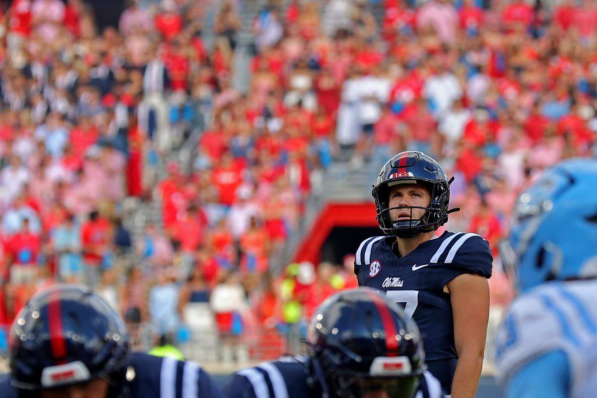 Lucas Carneiro of Ole Miss prepares to attempt a point during the first half of the game against the Citadel Bulldogs at Vaught-Hemingway Stadium on Nov. 8, 2025, in Oxford, Mississippi. 