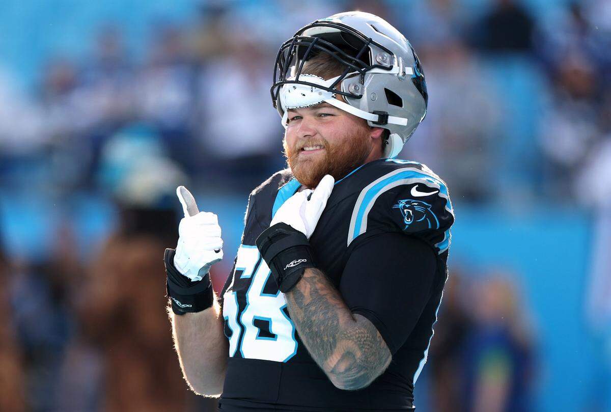 Carolina Panthers guard Cade Mays gives the thumbs up from an end zone prior to the team’s game against the Indianapolis Colts on Sunday, November 5, 2023 at Bank of America Stadium in Charlotte, NC.