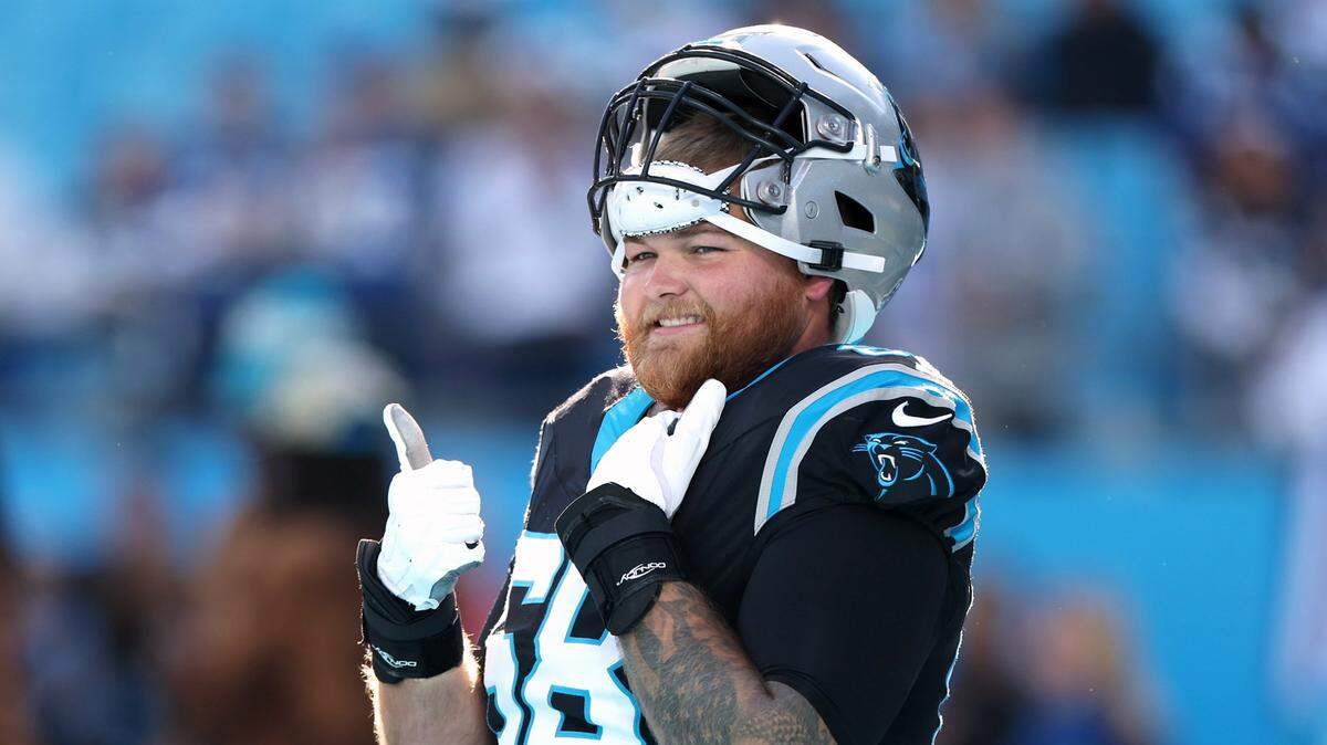 Carolina Panthers guard Cade Mays gives the thumbs up from an end zone prior to the team’s game against the Indianapolis Colts on Sunday, November 5, 2023 at Bank of America Stadium in Charlotte, NC.