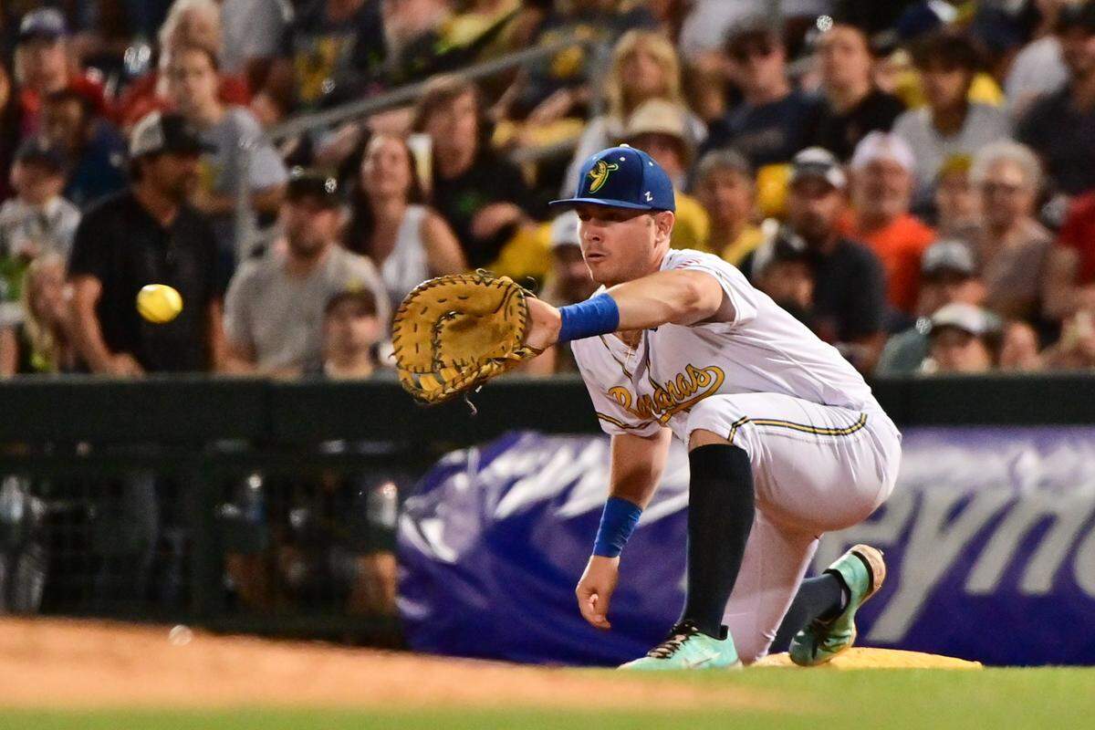 Apr 25, 2024; Mesa, Arizona, USA; Savannah Bananas infielder Eric Jones (3) catches the ball for an out in the third inning against the Savannah Party Animals at Sloan Park. Mandatory Credit: Matt Kartozian-USA TODAY Sports