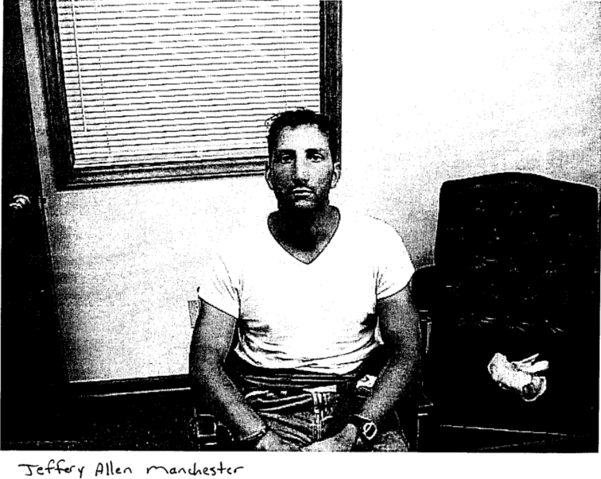Photo of Jeffrey Manchester after Belmont Police arrested and questioned him in the McDonald’s robbery on Saturday, May 20, 2000.