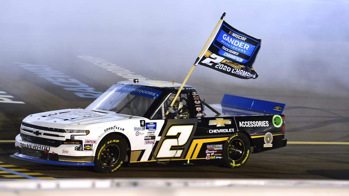 AVONDALE, ARIZONA - NOVEMBER 06: Sheldon Creed, driver of the #2 Chevy Accessories/Trench Shoring Chevrolet, celebrates after winning the NASCAR Gander RV & Outdoors Truck Series Lucas Oil 150 at Phoenix Raceway on November 06, 2020 in Avondale, Arizona. (Photo by Jared C. Tilton/Getty Images)