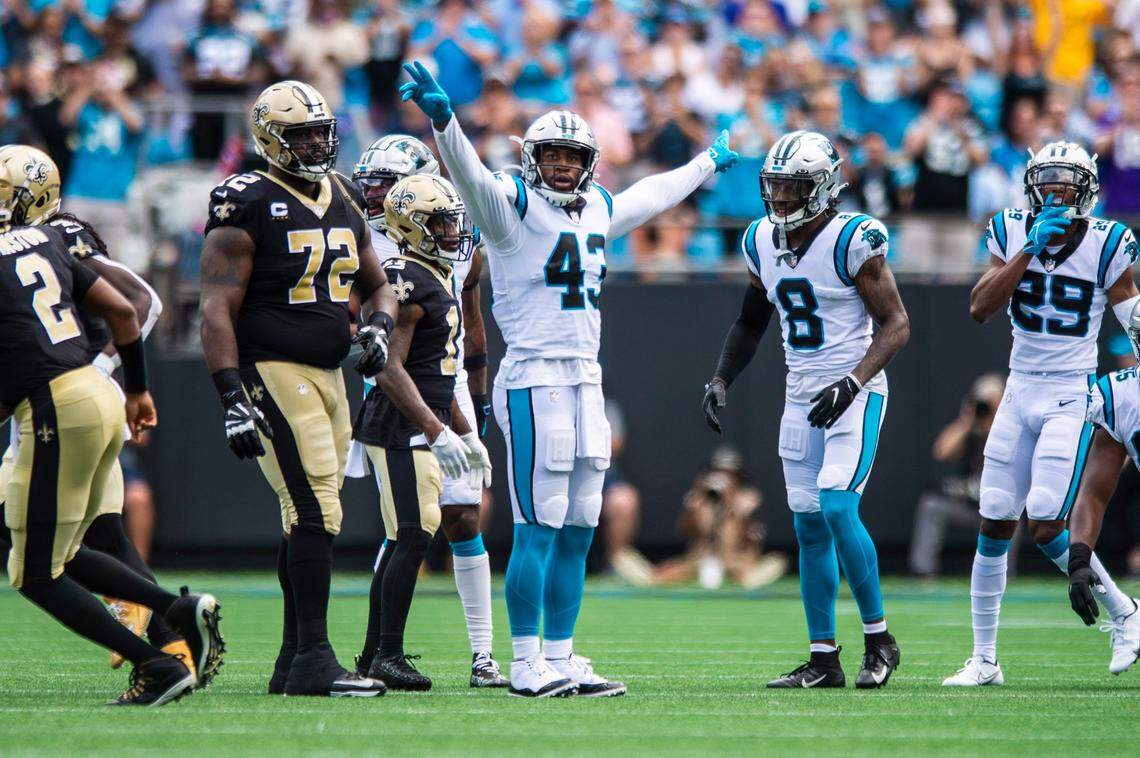 Panthers outside linebacker Haason Reddick celebrates a defensive stop during the game against the Saints Bank of America Stadium on Sunday, September 19, 2021 in Charlotte, NC. The Panthers defeated the Saints 26-7.