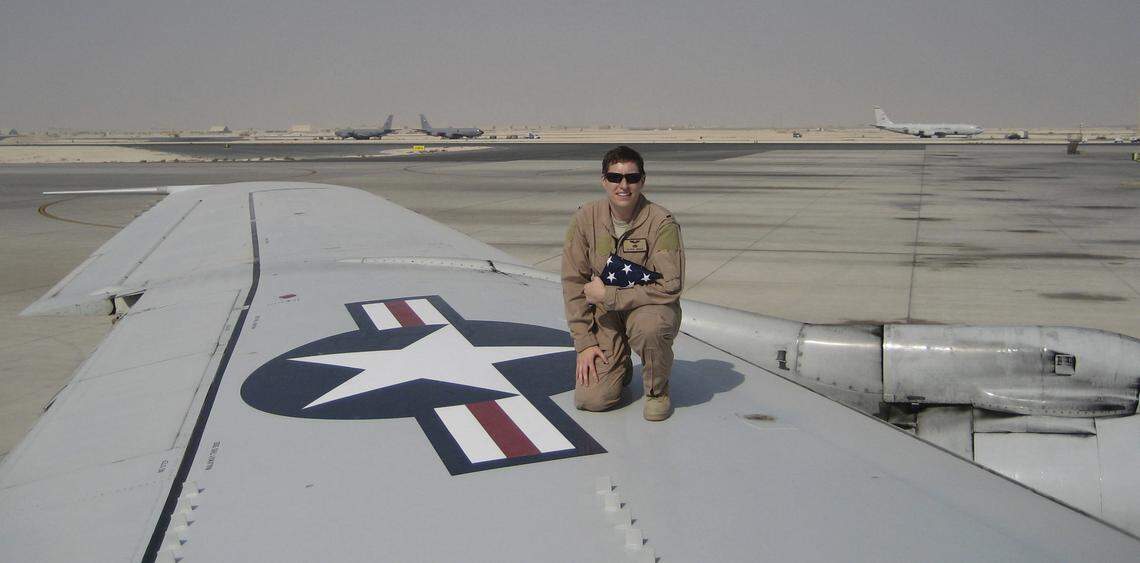 Alison Cruise (then Alison Unger), then an air weapons officer, photographed during a JSTARS deployment.