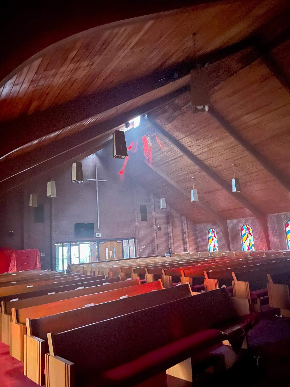 The interior of Kittie Sanson Chapel on the campus of Barber-Scotia College in Concord, NC, after a fire on Thursday, June 17, 2022.