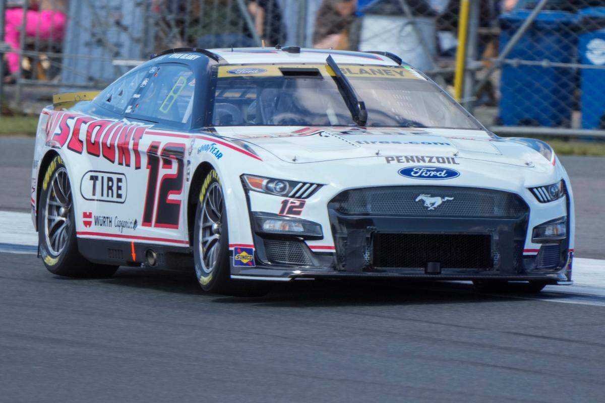 Oct 7, 2023; Concord, North Carolina, USA; NASCAR Cup Series driver Ryan Blaney (12) during Cup practice and qualifying at Charlotte Motor Speedway Road Course. Mandatory Credit: Jim Dedmon-USA TODAY Sports