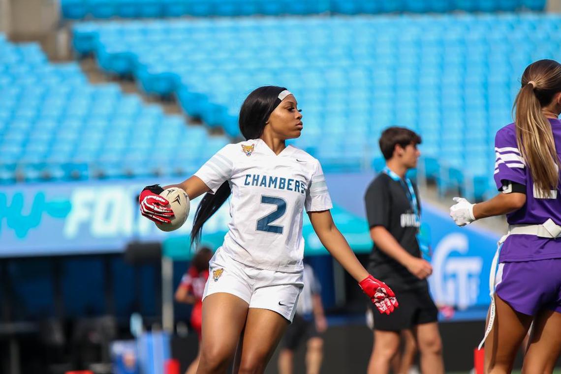 Chambers Aaliyah El helps lead her team to a victory over Ardrey Kell in the Flag Football State Playoffs