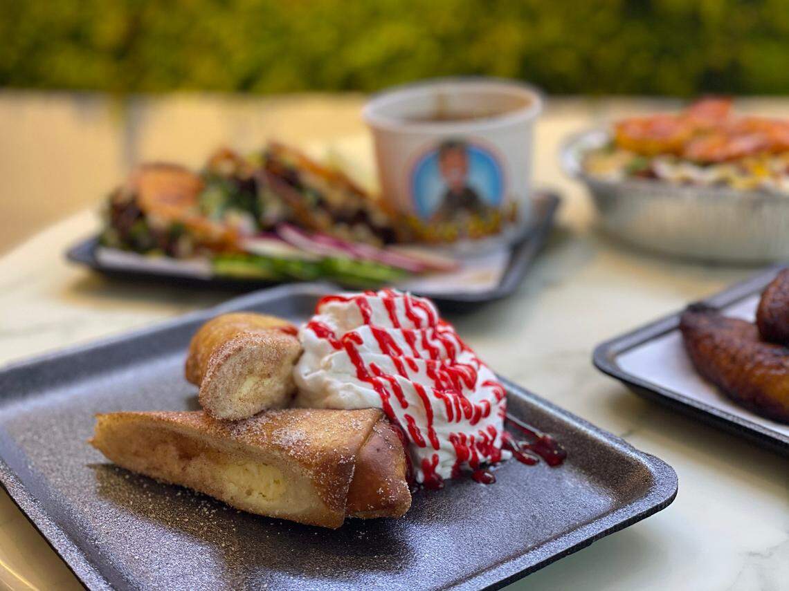 Tacos Rick-O’s fried cheesecake burrito, sold for $5.5.0, is rolled in cinnamon sugar and served with strawberry sauce and whipped cream.