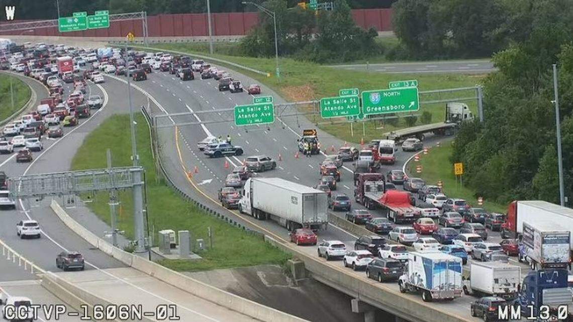 In this 2023 file photo, Interstate 77 is shut down in both directions during a wreck in Charlotte. A state highway official updated plans on June 18, 2025, for toll lanes through the Queen City.