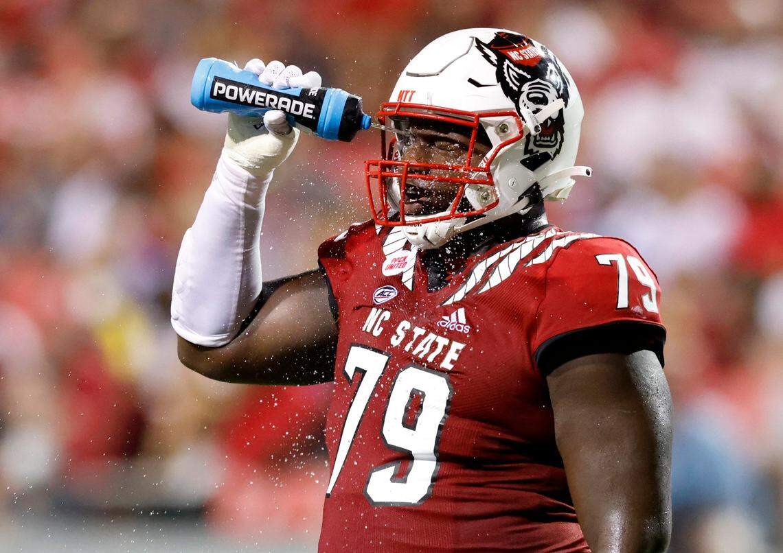 N.C. State offensive tackle Ikem Ekwonu (79) cools down during the first half of N.C. States game against Furman at Carter-Finley Stadium in Raleigh, N.C., Saturday, Sept 18, 2021.