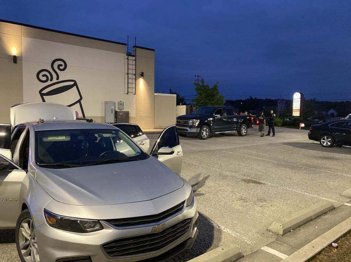 The suspect’s car is parked at a Smyrna restaurant after a road rage situation Friday on Interstate 24.