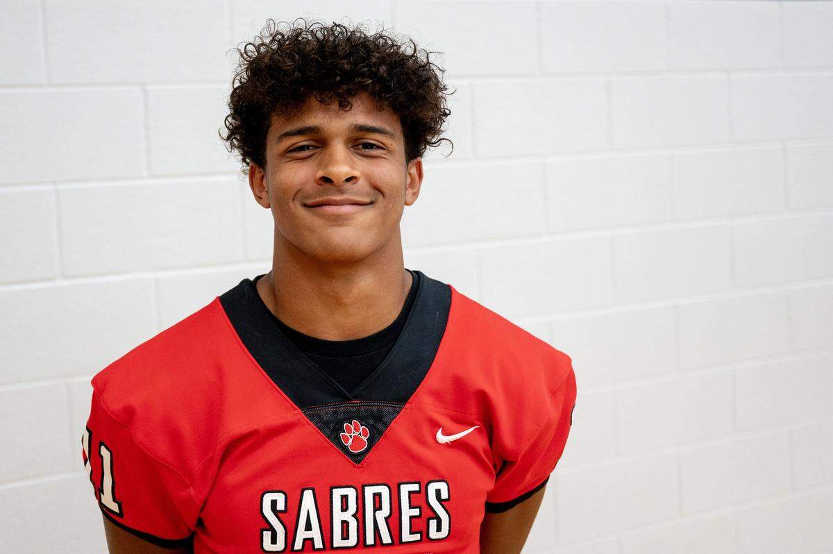 South Mecklenburg football player Callaway Williams speaks about the upcoming season without their team's home stadium during the Greater Charlotte high school football conference's media day at Rocky River High School in Charlotte, NC, Tuesday July 29, 2025.