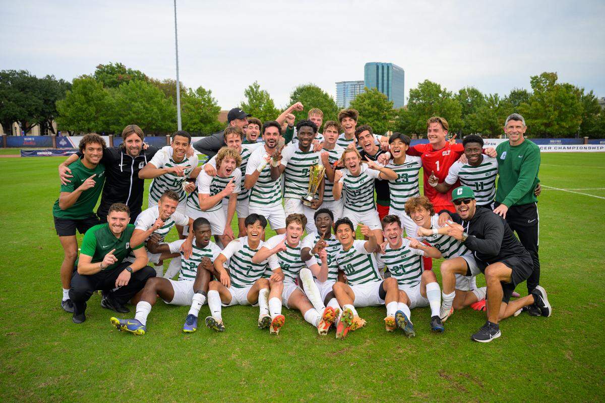 Charlotte men’s soccer lifts its first trophy since joining the American Athletic Conference after topping SMU, 2-1, in the AAC tournament final on Nov. 12, 2023.