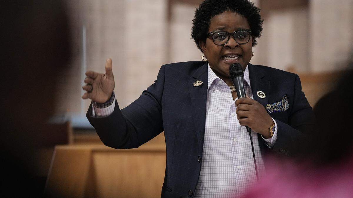 Mayor Pro Tem and Charlotte City Council District 1 Representative Dante' Anderson speaks during a candidate forum, hosted by the Black Political Caucus of Charlotte-Mecklenburg Saturday, Aug. 2, 2025, in Charlotte, N.C.