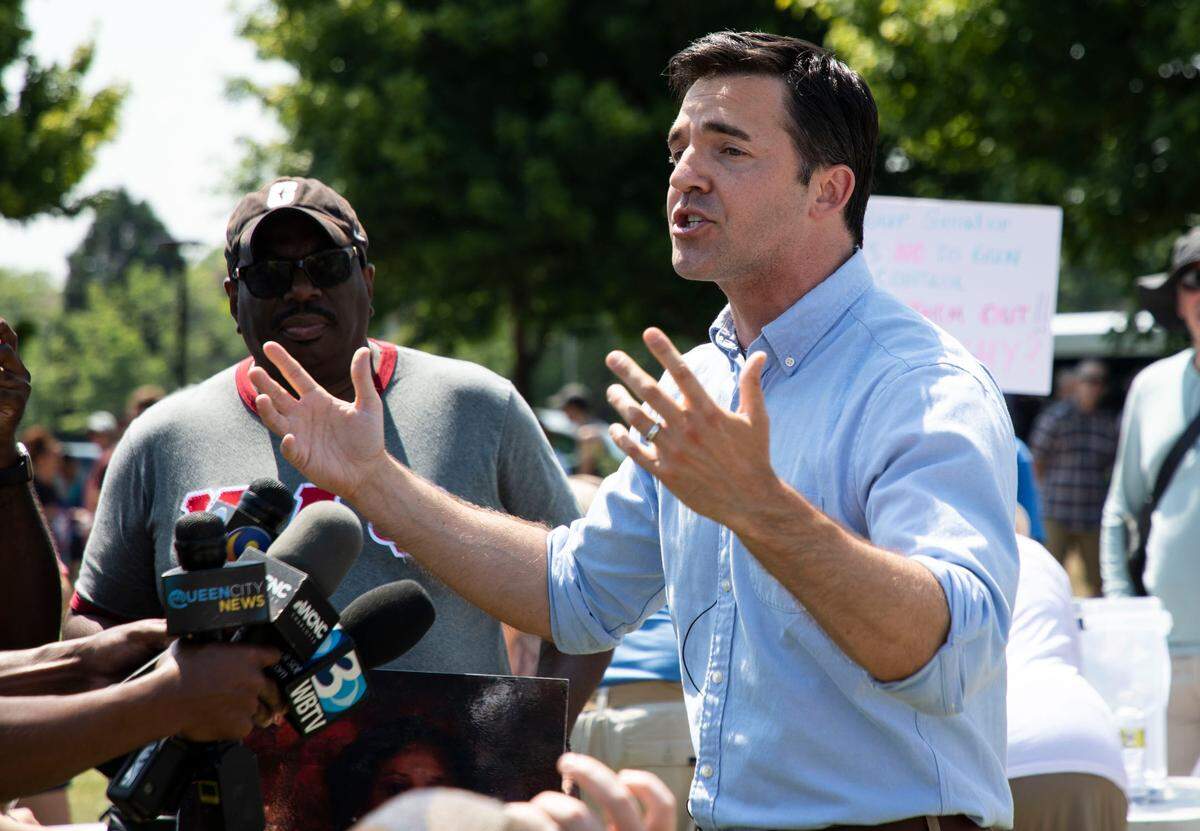 North Carolina Senator Jeff Jackson address the media and the people at March for Our Lives in Charlotte, N.C., on June 12, 2021.